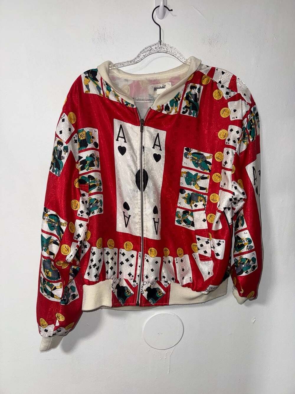 Vintage Mighty Playing Card Zip Bomber Jacket Red